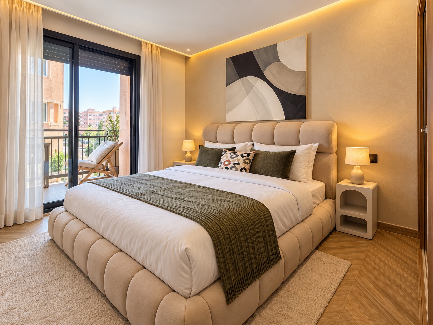 Chambre contemporaine avec balcon lumineux (1) Appartement meublé neuf de 51m² à vendre – Plaza gueliz