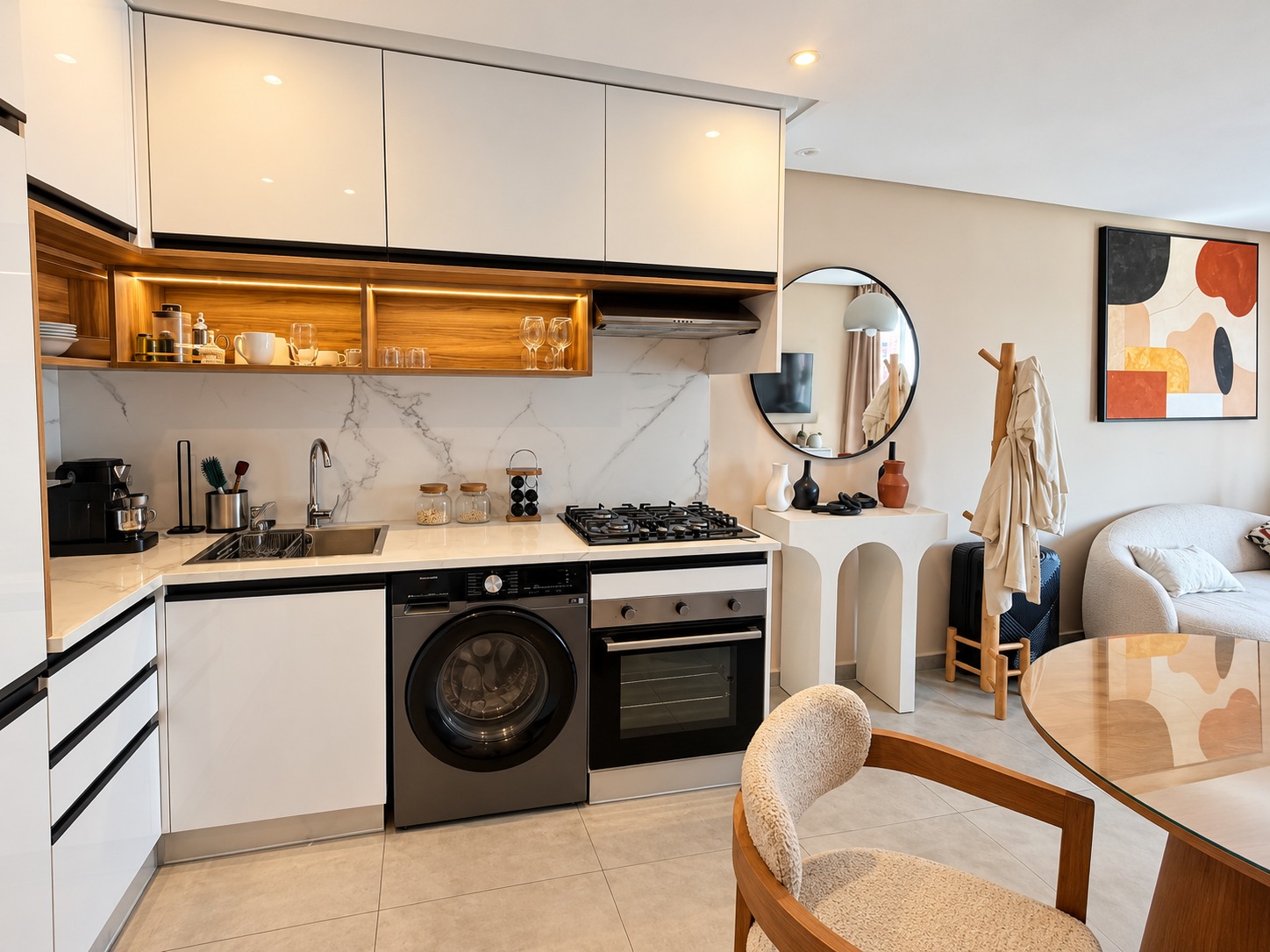 Cuisine moderne et salon chaleureuxրցախ (1) Appartement meublé neuf de 51m² à vendre – Plaza gueliz