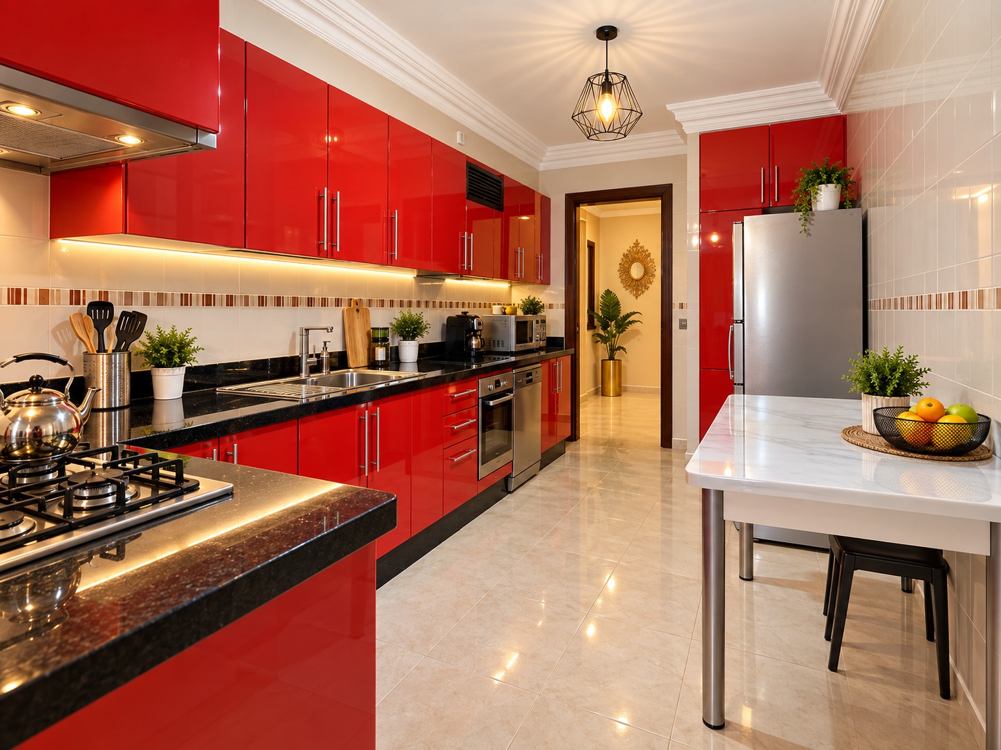 Cuisine moderne rouge et inox lumineuse (1) BEL APPARTEMENT 4 CHAMBRES À MABROUKA -À VENDRE