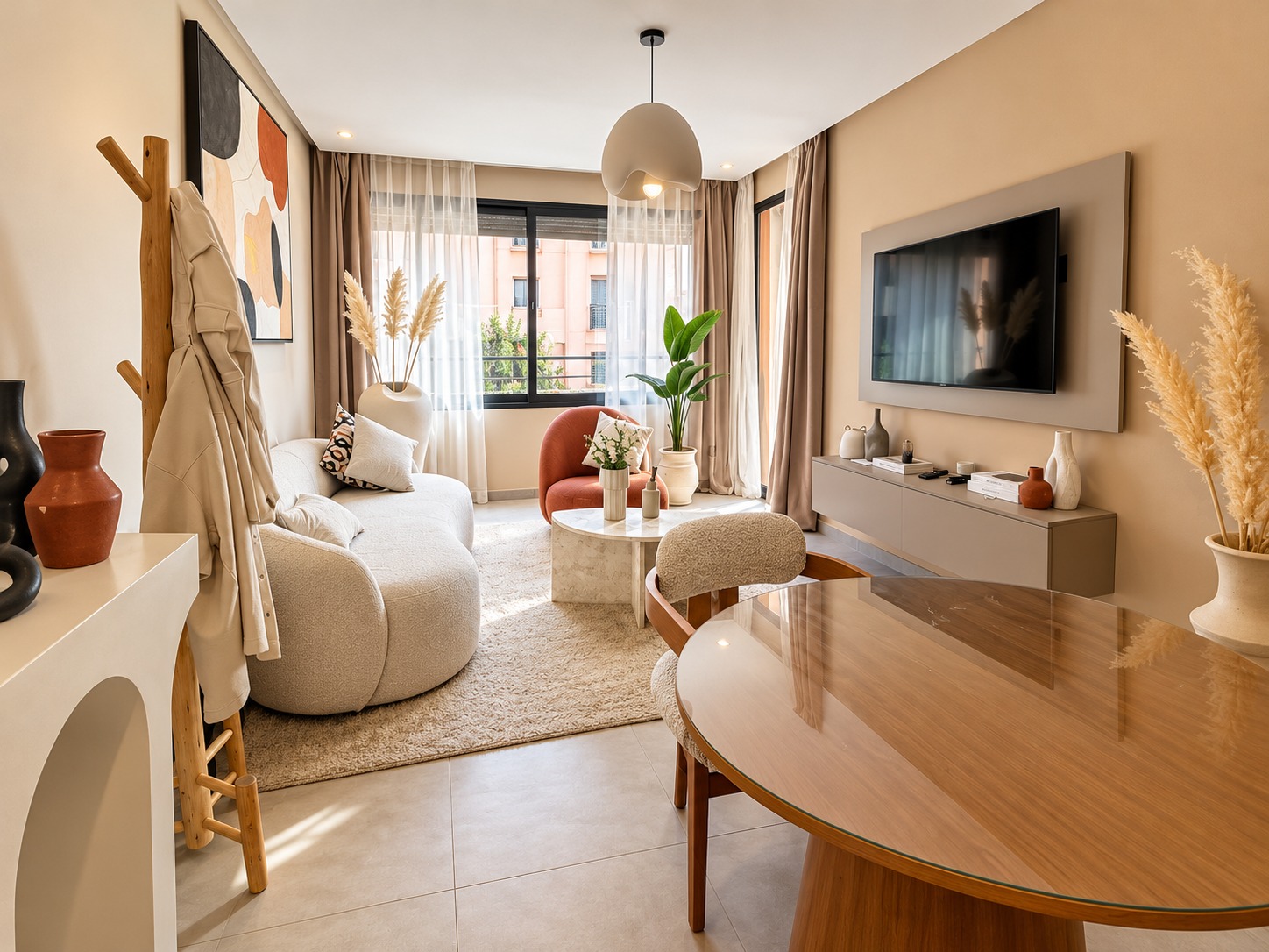 Salon moderne chaleureux et élégant (1) Appartement meublé neuf de 51m² à vendre – Plaza gueliz